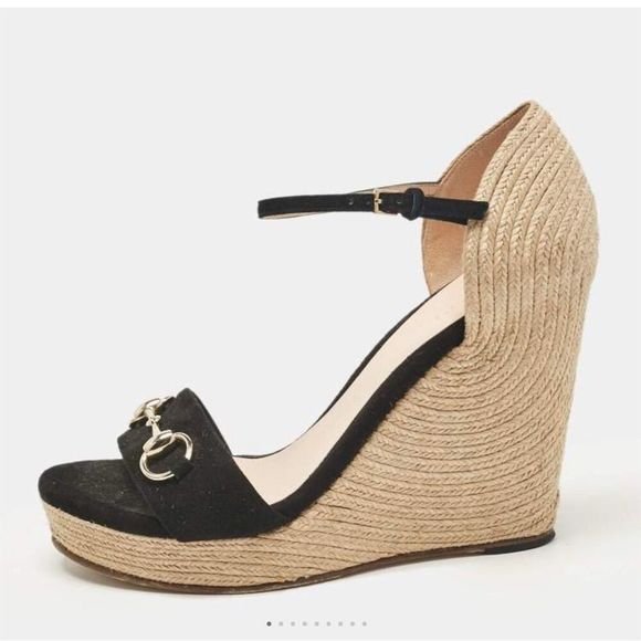 Gucci Black and Beige Wedge Sandals - Picture 1 of 16